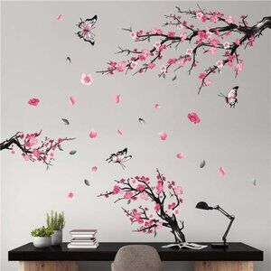 Pink Cherry Blossom Wall Stickers Tree Branch Floral Decals Living Room Bedroom